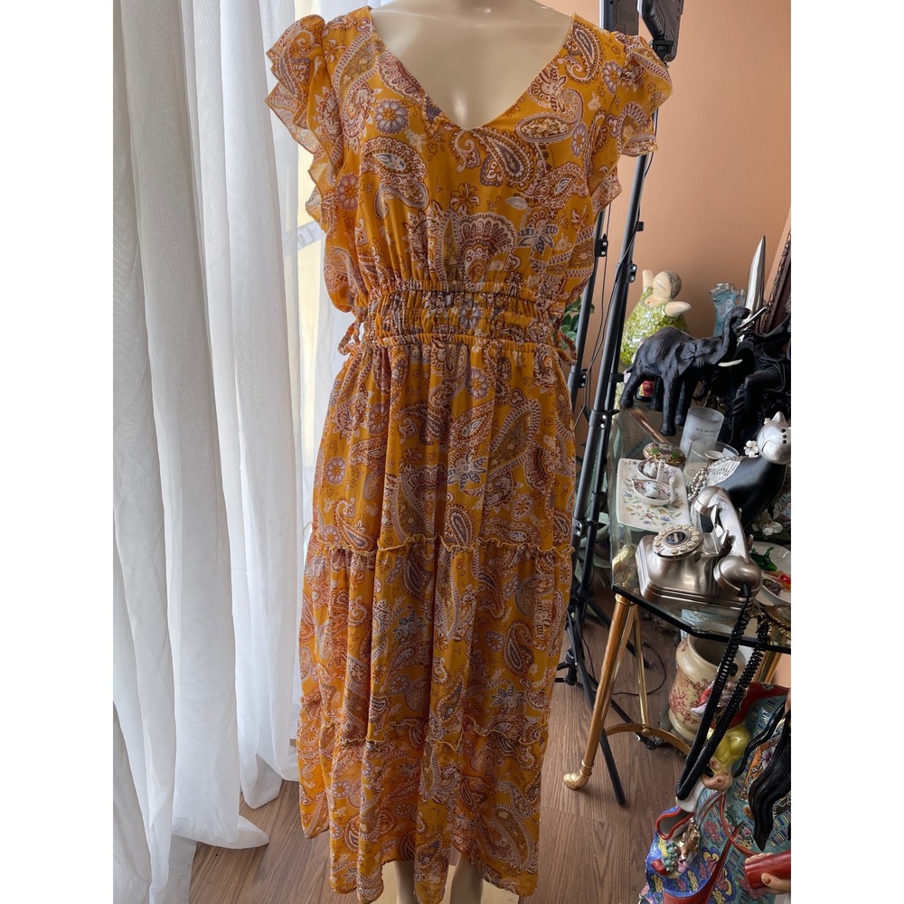 Indigo Rose Mustard Yellow Paisley Ruffle Sleeve Cut Out Tiered Maxi Dress L